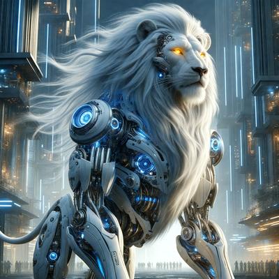 The primary subject of the image is a futuristic robot lion with a white mane and blue eyes. The robot lion is standing in a futuristic city with tall buildings and neon lights. The visual style of the image is digital art, and the colors and mood are predominantly blue and futuristic.